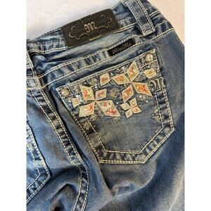 Miss Me Low Rise Skinny Jeans 30 Cuffed Floral Embroidered Bling Y2K